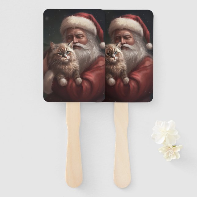 Siberian Cat With Santa Claus Festive Christmas  Hand Fan (Front and Back)