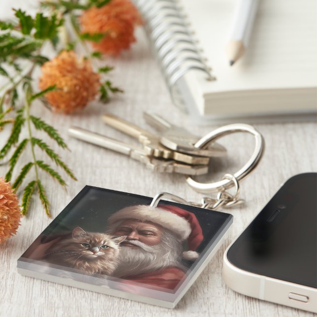 Siberian Cat With Santa Claus Festive Christmas  Key Ring (Front Right)