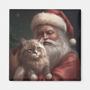 Siberian Cat With Santa Claus Festive Christmas Magnet