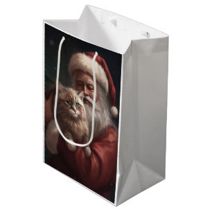 Siberian Cat With Santa Claus Festive Christmas  Medium Gift Bag