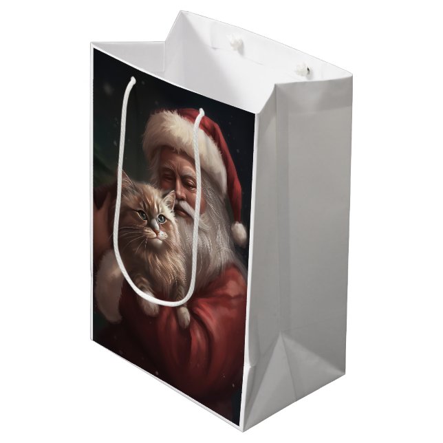 Siberian Cat With Santa Claus Festive Christmas  Medium Gift Bag (Front Angled)