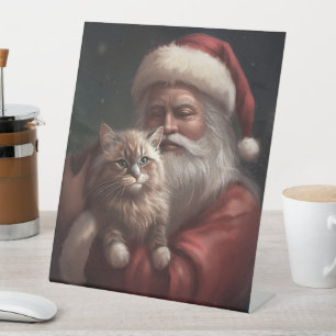 Siberian Cat With Santa Claus Festive Christmas Pedestal Sign