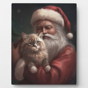 Siberian Cat With Santa Claus Festive Christmas Plaque