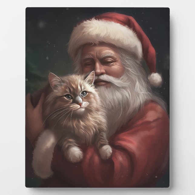 Siberian Cat With Santa Claus Festive Christmas  Plaque (Front)