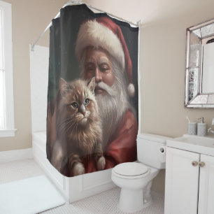 Siberian Cat With Santa Claus Festive Christmas  Shower Curtain