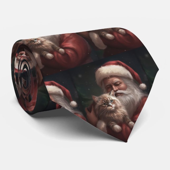 Siberian Cat With Santa Claus Festive Christmas  Tie (Rolled)