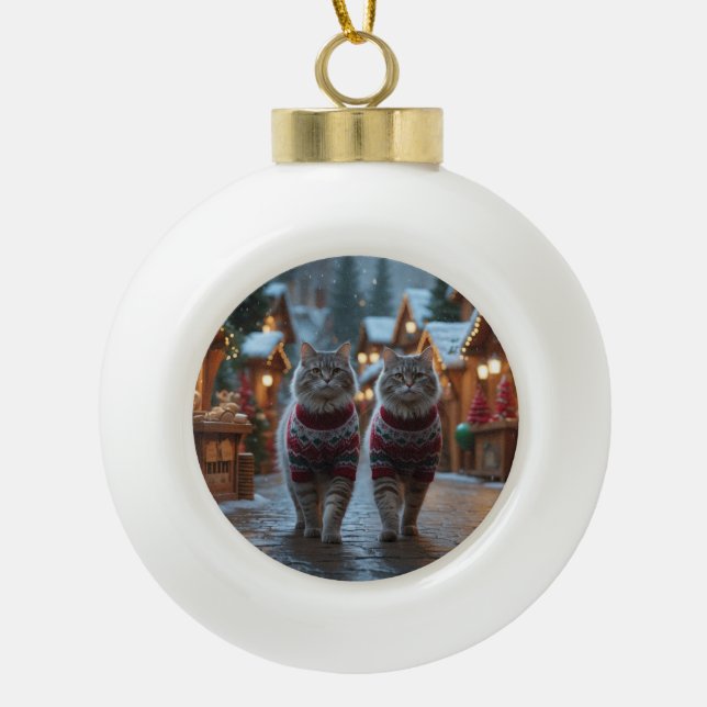 Siberian Cats Christmas Snow Holiday  Ceramic Ball Christmas Ornament (Front)