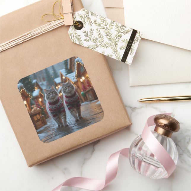 Siberian Cats Christmas Snow Holiday  Square Sticker (Gifting)