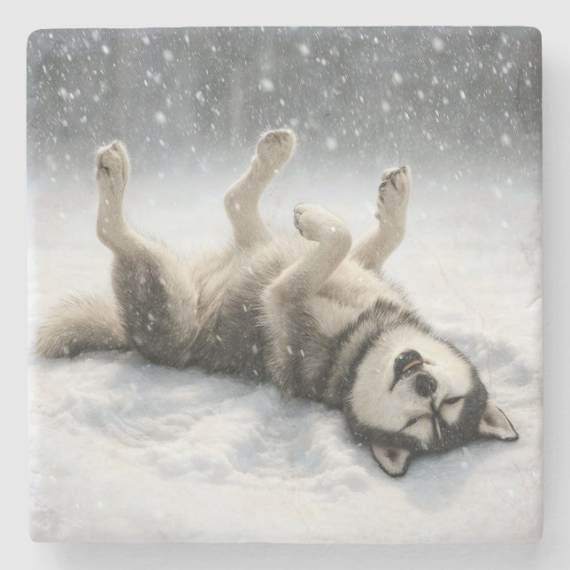 Siberian Huskey Creating a Snow Angel Stone Coaster (Front)