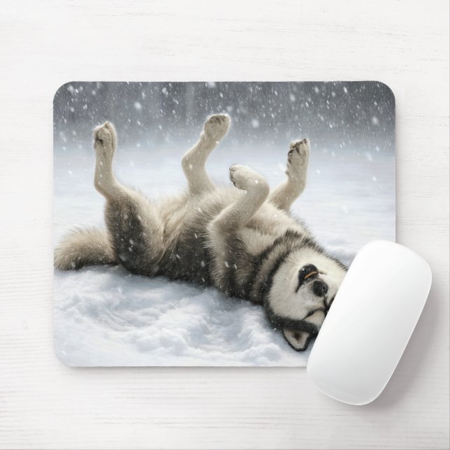 Siberian Huskey Making a Snow Angel Mouse Pad (With Mouse)