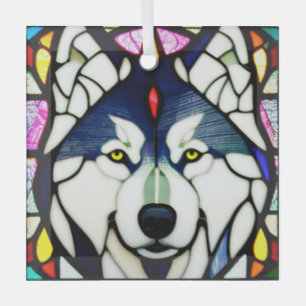 Siberian Huskie "Stained Glass"  Glass Tree Decoration