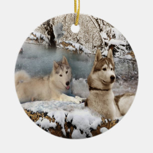 Siberian Huskies Snow Scene Ornament