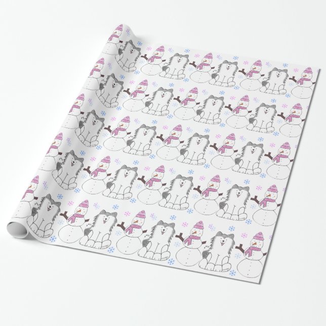 Siberian Husky And Snowman Wrapping Paper (Unrolled)