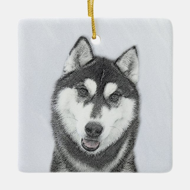 Siberian Husky (Black and White) Painting Dog Art Ceramic Ornament (Front)