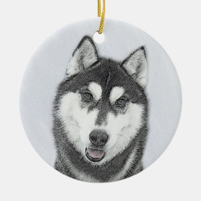 Siberian Husky (Black and White) Painting Dog Art Ceramic Ornament (Front)