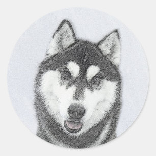 Siberian Husky (Black and White) Painting Dog Art Classic Round Sticker