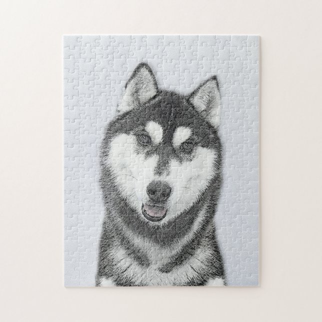 Siberian Husky (Black and White) Painting Dog Art Jigsaw Puzzle (Vertical)