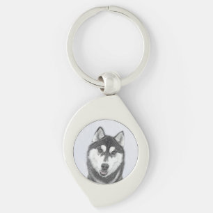 Siberian Husky (Black and White) Painting Dog Art Key Ring