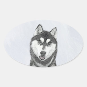 Siberian Husky (Black and White) Painting Dog Art Oval Sticker