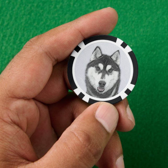 Siberian Husky (Black and White) Painting Dog Art Poker Chips (Hand)