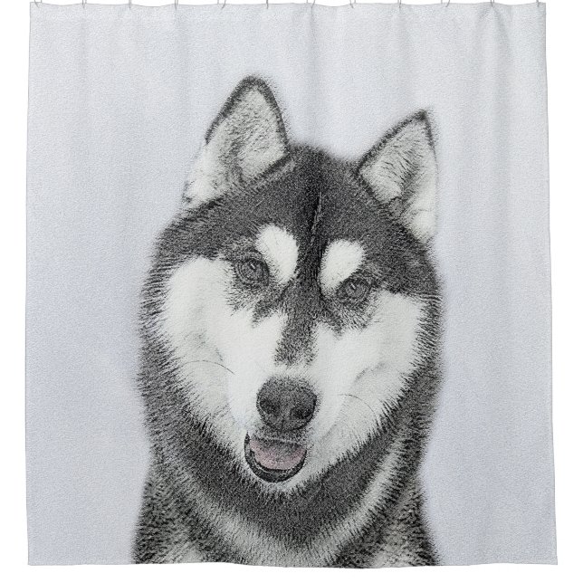 Siberian Husky (Black and White) Painting Dog Art Shower Curtain (Front)