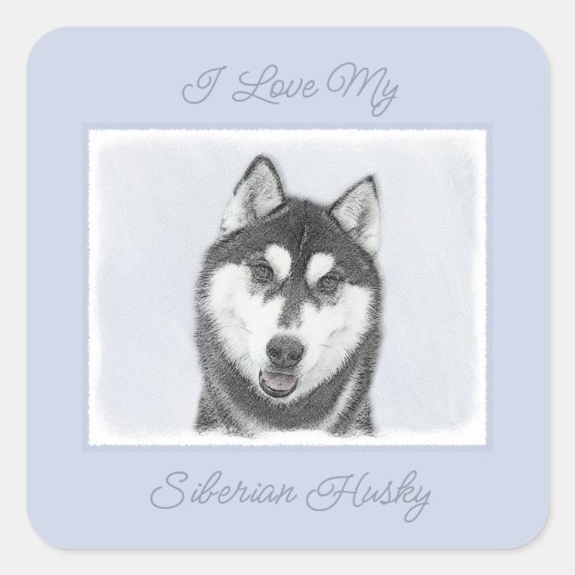 Siberian Husky (Black and White) Painting Dog Art  Square Sticker (Front)
