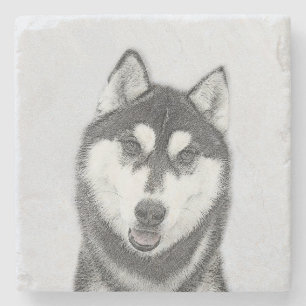 Siberian Husky (Black and White) Painting Dog Art Stone Coaster
