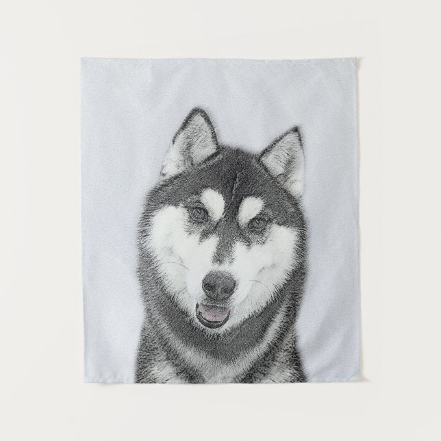 Siberian Husky (Black and White) Painting Dog Art Tapestry (Front)
