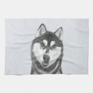 Siberian Husky (Black and White) Painting Dog Art Tea Towel