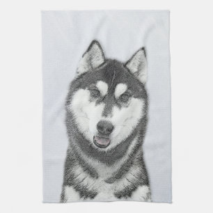 Siberian Husky (Black and White) Painting Dog Art Tea Towel