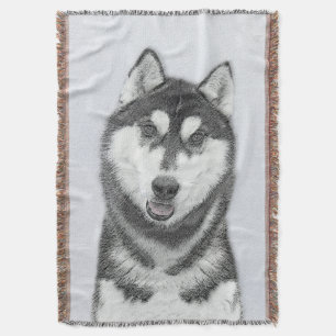 Siberian Husky (Black and White) Painting Dog Art Throw Blanket