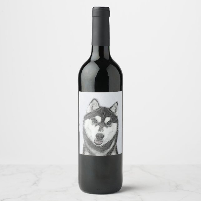 Siberian Husky (Black and White) Painting Dog Art Wine Label (Front)