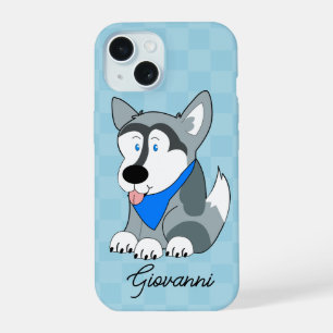 Siberian Husky Blue Chequered Personalised Dog iPhone 15 Case