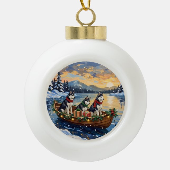Siberian Husky Christmas Boat Holiday Ceramic Ball Christmas Ornament (Front)