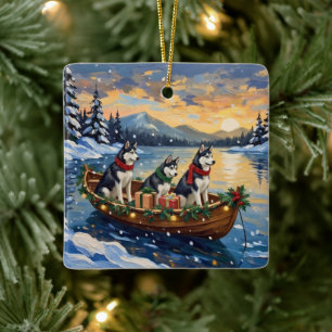 Siberian Husky Christmas Boat Holiday Ceramic Ornament