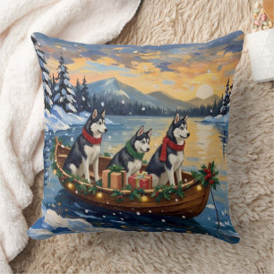 Siberian Husky Christmas Boat Holiday Cushion
