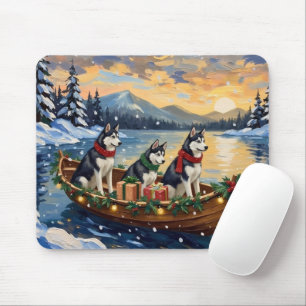 Siberian Husky Christmas Boat Holiday Mouse Pad