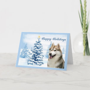 Siberian Husky Christmas Card Blue Tree