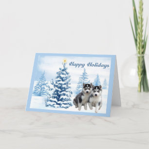 Siberian Husky Christmas Card Blue Tree