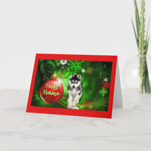 Siberian Husky Christmas Card Red Ball Green