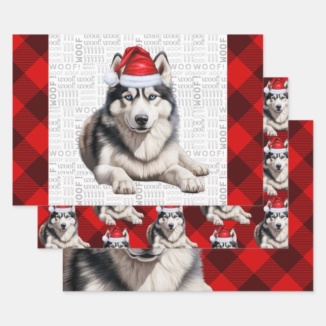 Siberian Husky Christmas Dog Red Buffalo Plaid Wrapping Paper Sheet (Set)