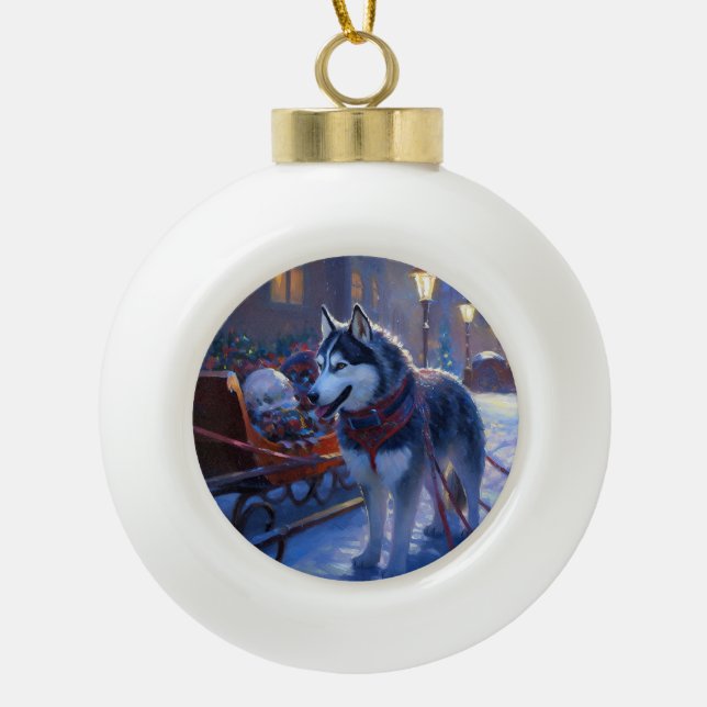 Siberian Husky Christmas Festive Season Ceramic Ball Christmas Ornament (Front)