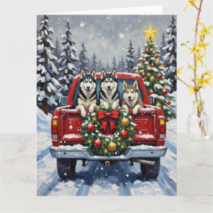 Siberian Husky Christmas Red Truck Holiday Card