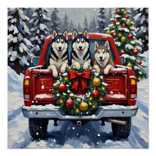 Siberian Husky Christmas Red Truck Holiday Poster (Front)