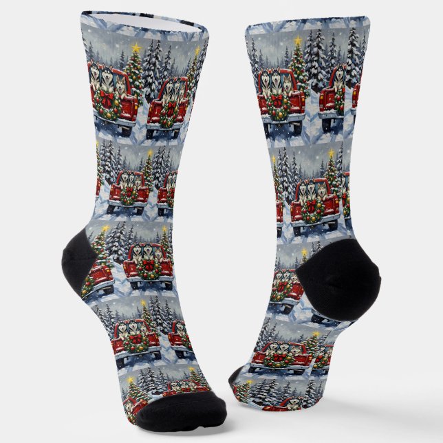 Siberian Husky Christmas Red Truck Holiday Socks (Angled)