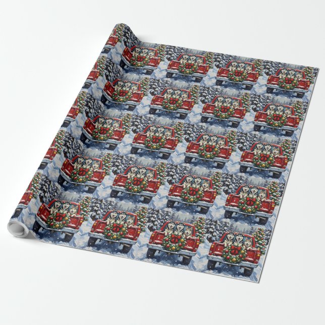 Siberian Husky Christmas Red Truck Holiday Wrapping Paper (Unrolled)