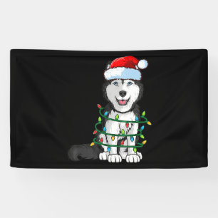 Siberian Husky Christmas Santa Hat Xmas Lights Dog Banner