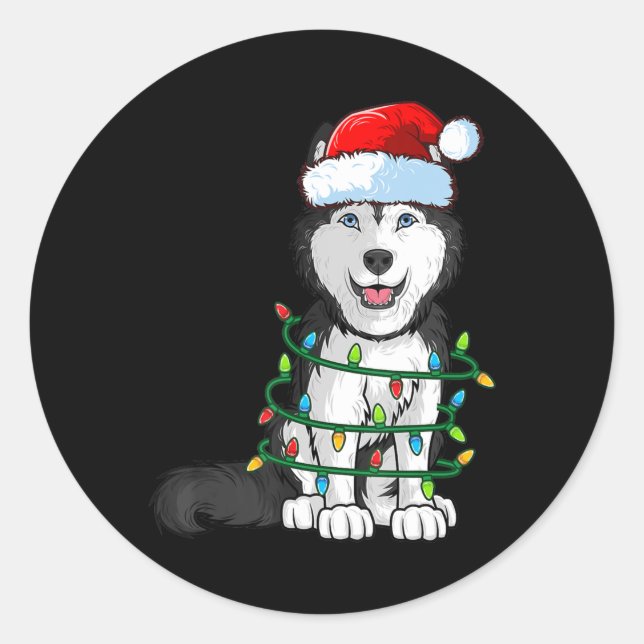 Siberian Husky Christmas Santa Hat Xmas Lights Dog Classic Round Sticker (Front)