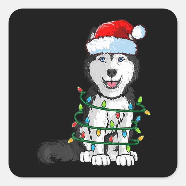 Siberian Husky Christmas Santa Hat Xmas Lights Dog Square Sticker (Front)