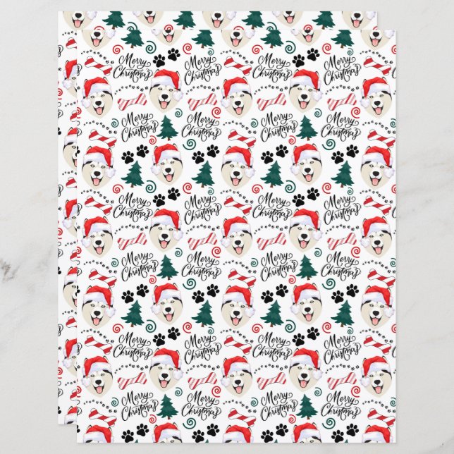 Siberian Husky Christmas Scrapbook Paper in White (Front/Back)